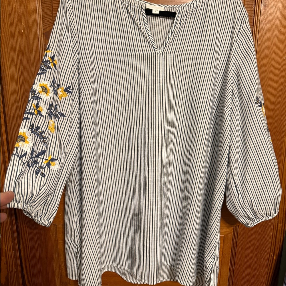 J. Jill Navy Striped Blouse with Yellow Floral Embroidery XL